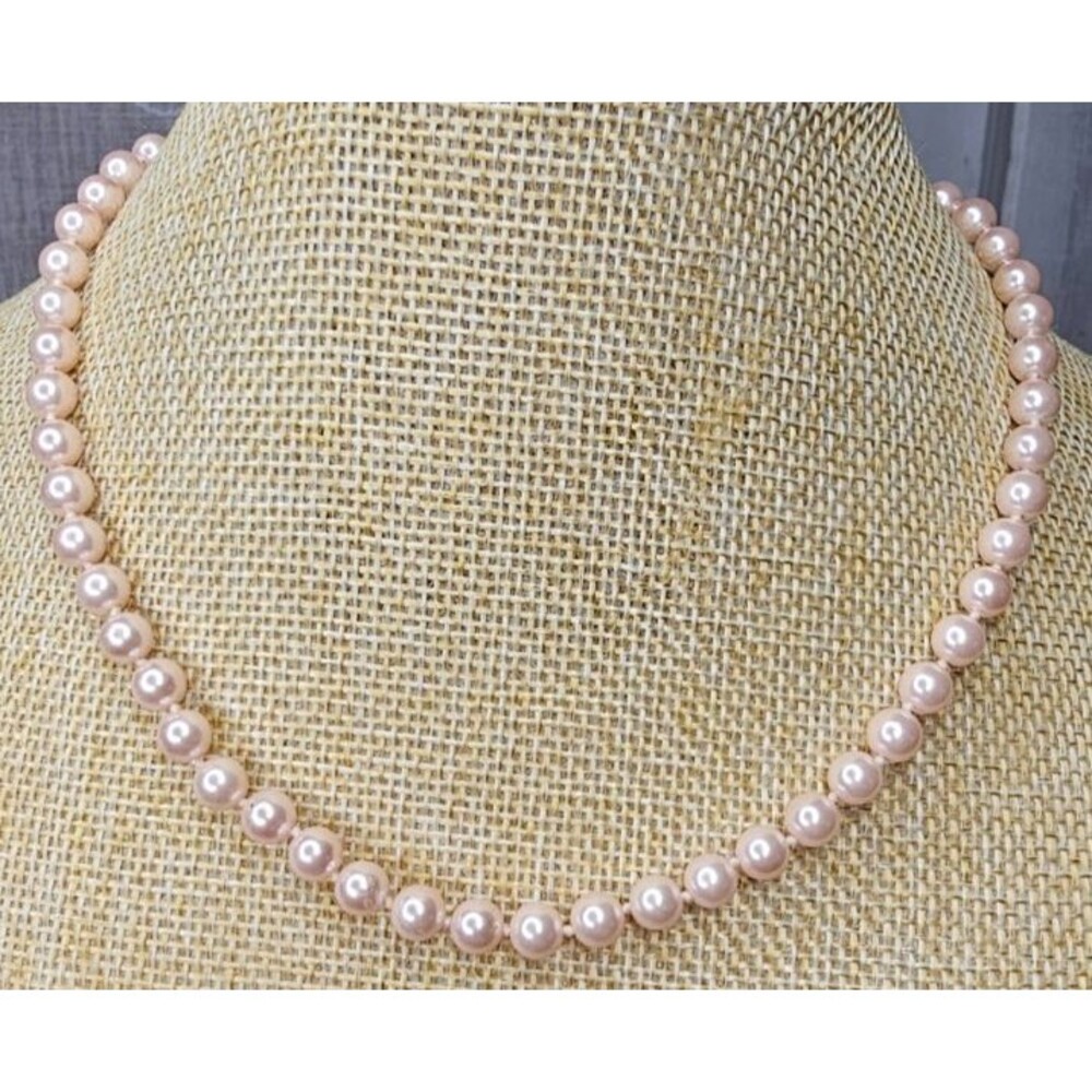 Blush Pink Faux Pearl Hand Knotted Necklace Silver Tone Hook Closure 16"L+2"Ext